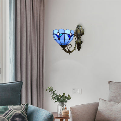 Lisslune | Foyer Bowl Shade Wall Lamp Tempered Glass 1 Main Tiffany Wall Lamp in Blue Finish