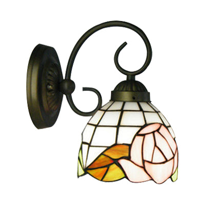 Lisslune | 1 Head Wall Light Victorian Dome Stained Glass Wall Light with Pink Rose Pattern