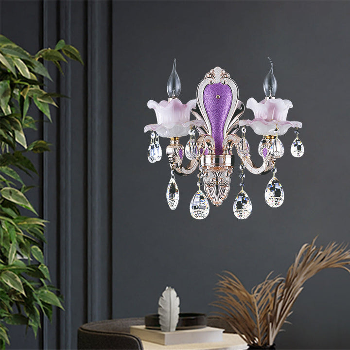 Lisslune | Purple Candle Holder Wall Lamp Modern 1/2 Lights Jade Wall Light with Crystal Pendant