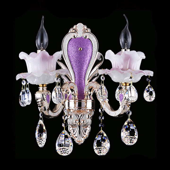 Lisslune | Purple Candle Holder Wall Lamp Modern 1/2 Lights Jade Wall Light with Crystal Pendant