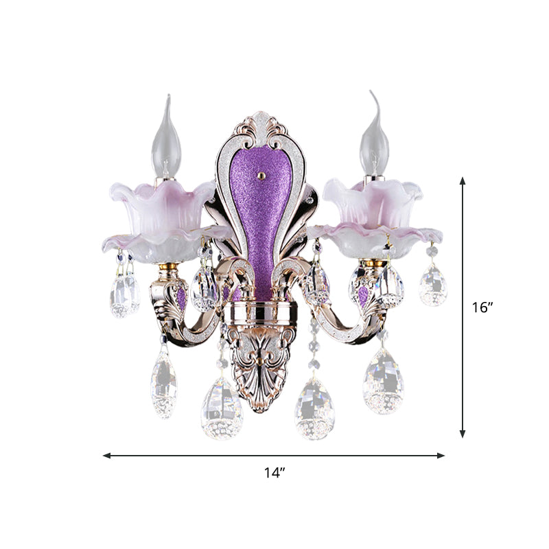 Lisslune | Purple Candle Holder Wall Lamp Modern 1/2 Lights Jade Wall Light with Crystal Pendant