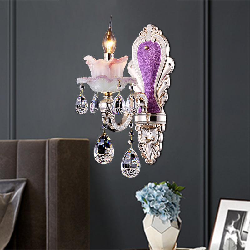 Lisslune | Purple Candle Holder Wall Lamp Modern 1/2 Lights Jade Wall Light with Crystal Pendant