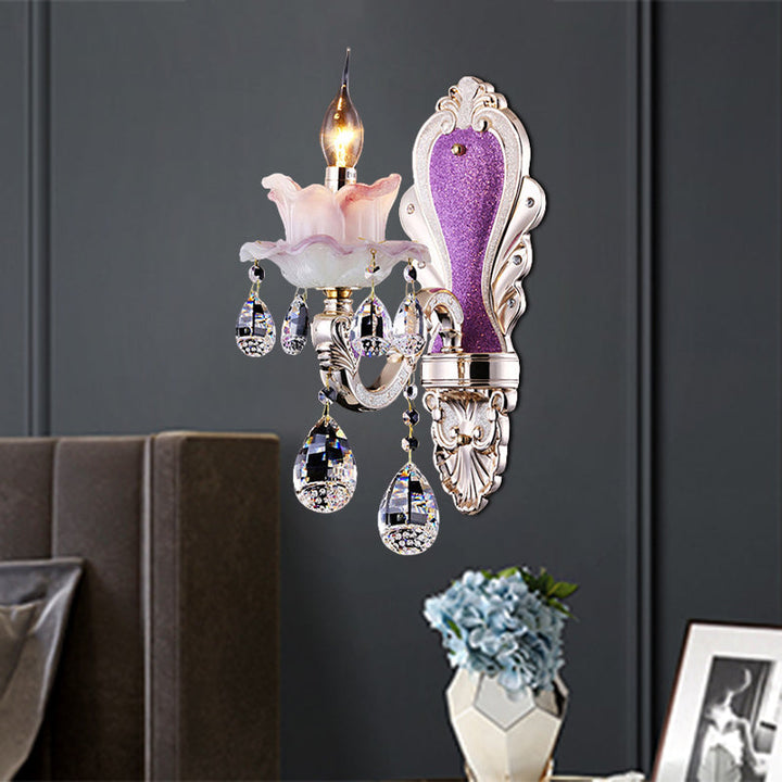 Lisslune | Purple Candle Holder Wall Lamp Modern 1/2 Lights Jade Wall Light with Crystal Pendant