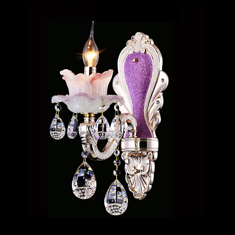 Lisslune | Purple Candle Holder Wall Lamp Modern 1/2 Lights Jade Wall Light with Crystal Pendant