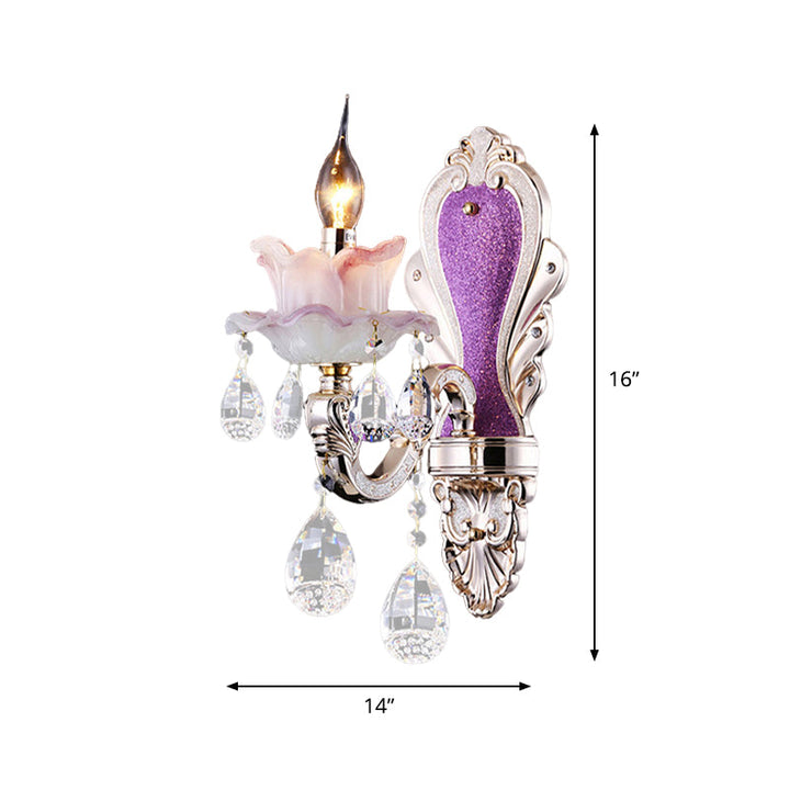 Lisslune | Purple Candle Holder Wall Lamp Modern 1/2 Lights Jade Wall Light with Crystal Pendant
