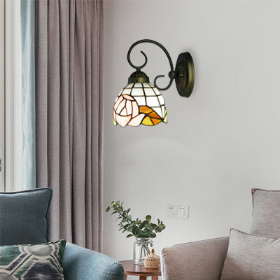 Lisslune | 1 Head Wall Light Victorian Dome Stained Glass Wall Light with Pink Rose Pattern
