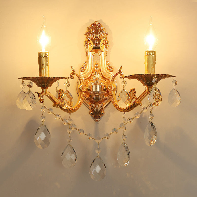 Lisslune | Gold Candelabrum Wall Lamp Modernism 1/2 Lights Metal Wall Light with Crystal Drops
