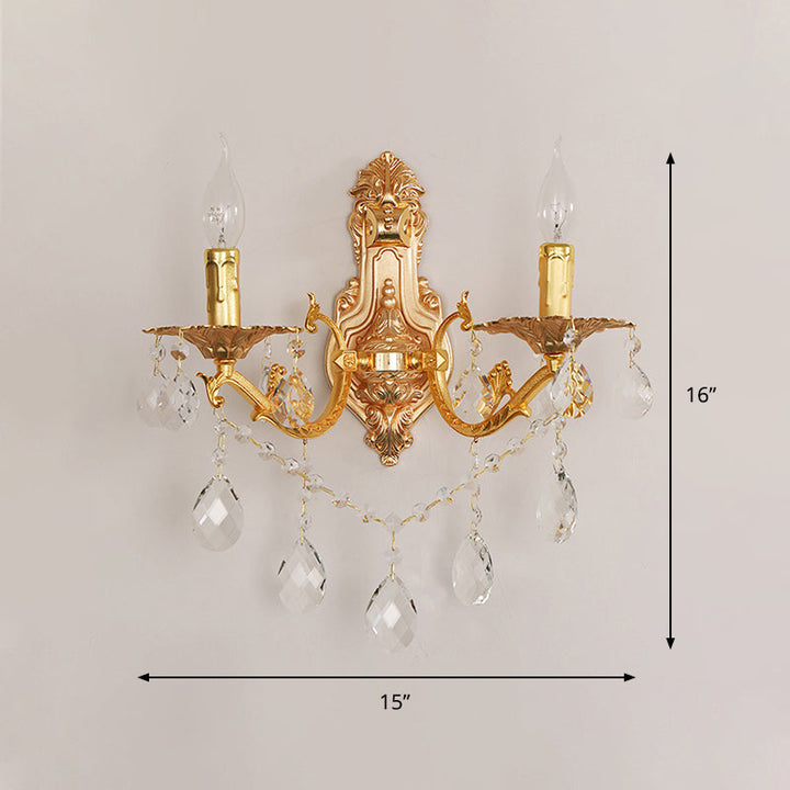Lisslune | Gold Candelabrum Wall Lamp Modernism 1/2 Lights Metal Wall Light with Crystal Drops