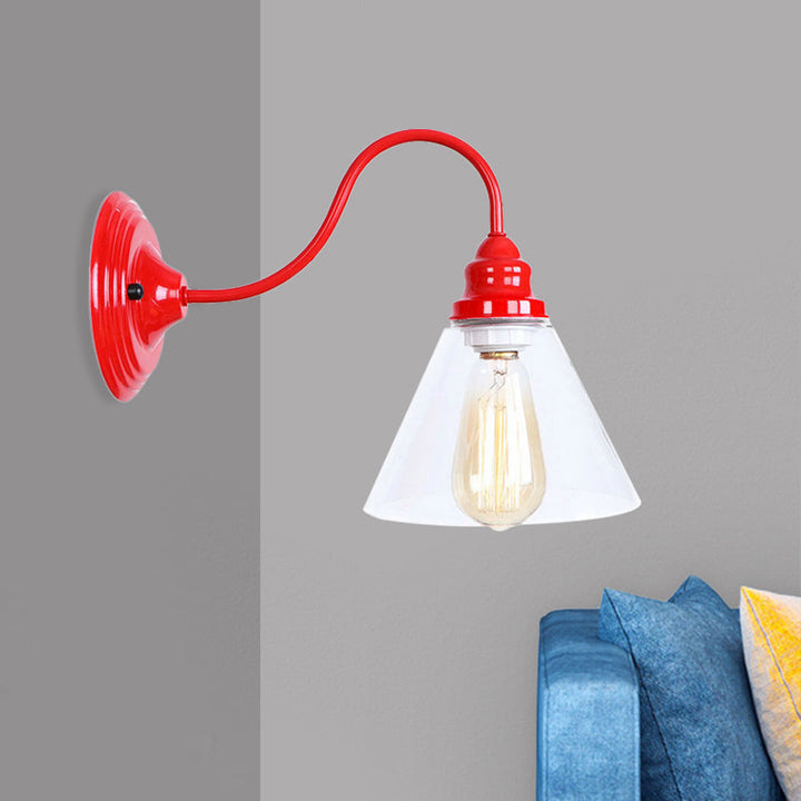 Lisslune | A bulb wall lamp with a cone shade made of clear glass, industrial bedroom wall light in red