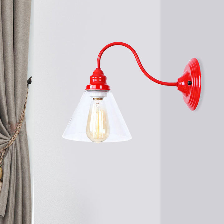 Lisslune | A bulb wall lamp with a cone shade made of clear glass, industrial bedroom wall light in red
