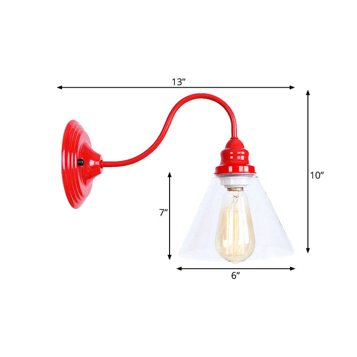 Lisslune | A bulb wall lamp with a cone shade made of clear glass, industrial bedroom wall light in red
