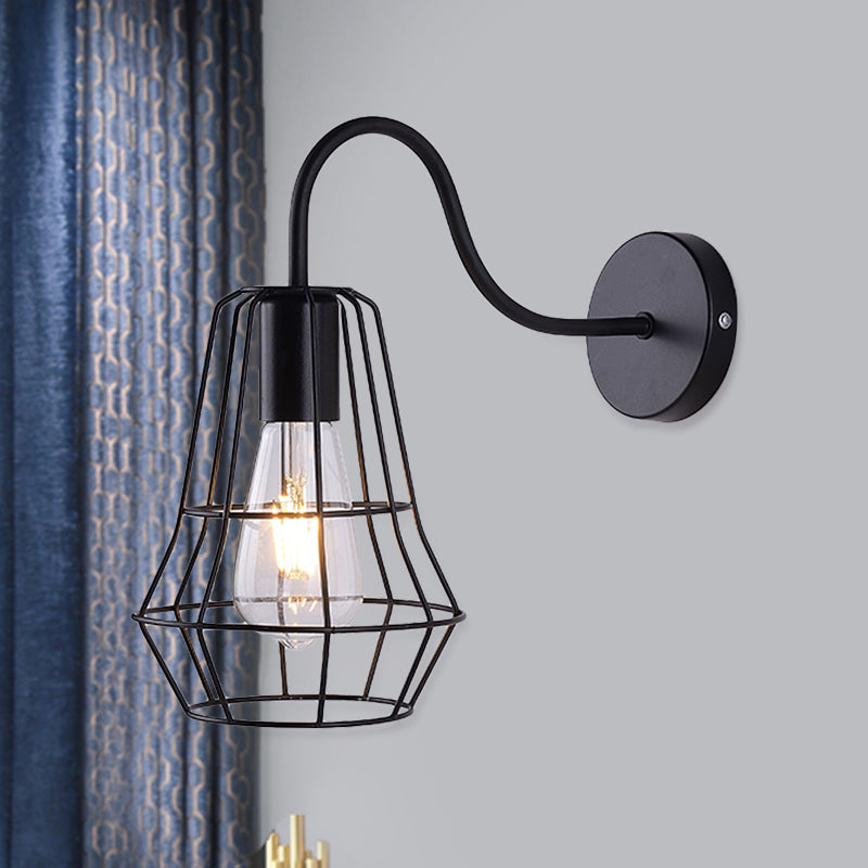 Lisslune | Gooseneck Arm Living Room Wall Light with Cage Shade Retro Style Metal 1 Light Black Finish Wall Lamp