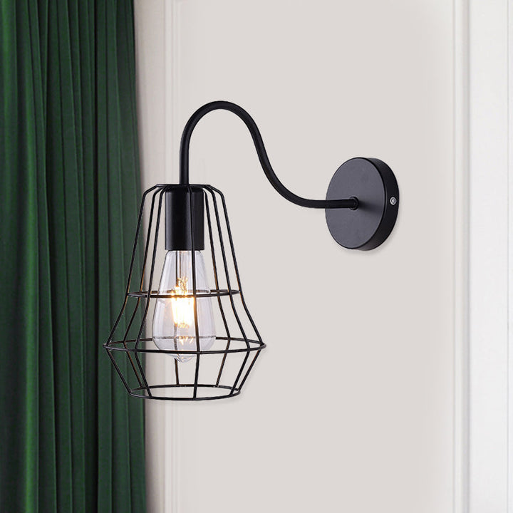 Lisslune | Gooseneck Arm Living Room Wall Light with Cage Shade Retro Style Metal 1 Light Black Finish Wall Lamp