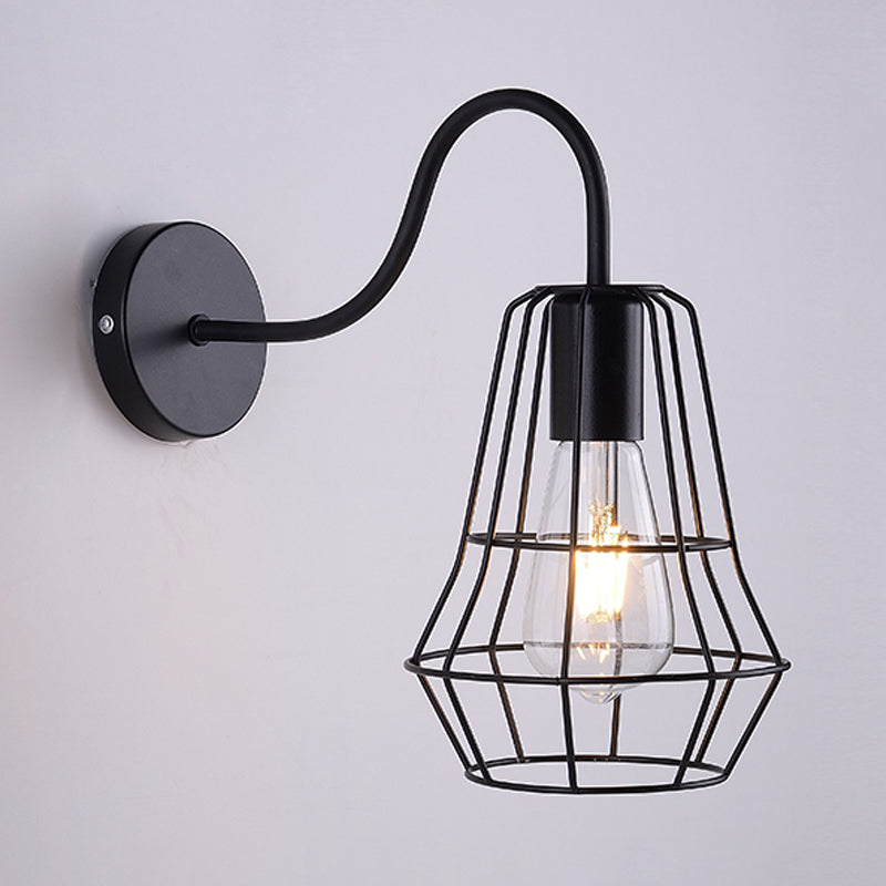 Lisslune | Gooseneck Arm Living Room Wall Light with Cage Shade Retro Style Metal 1 Light Black Finish Wall Lamp