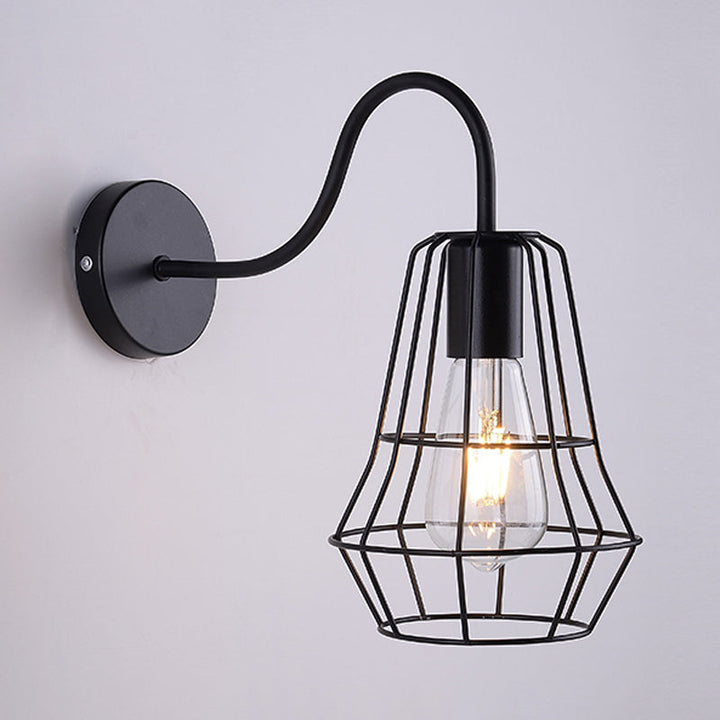 Lisslune | Gooseneck Arm Living Room Wall Light with Cage Shade Retro Style Metal 1 Light Black Finish Wall Lamp