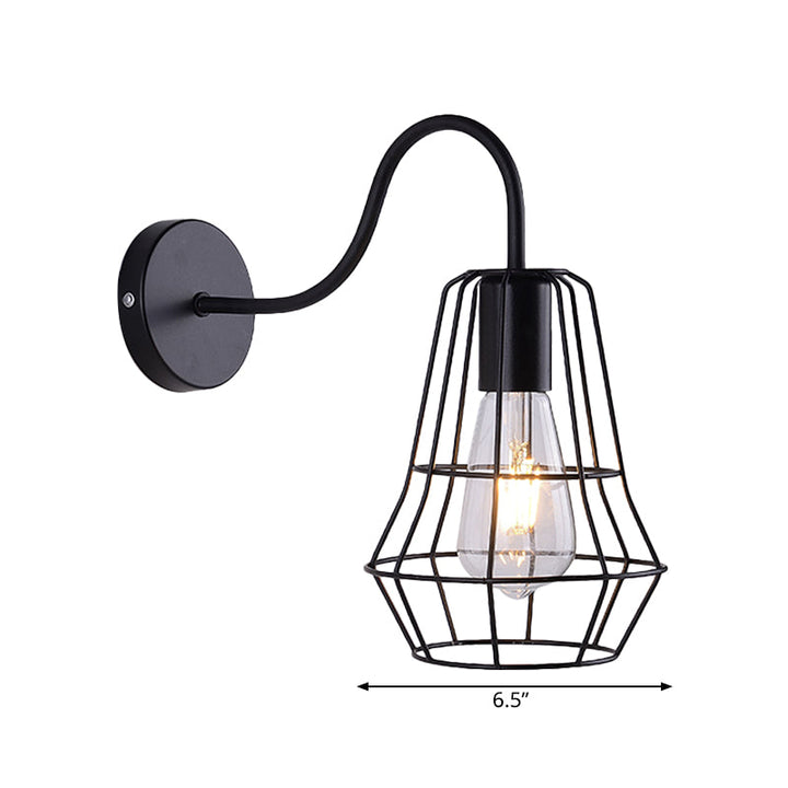 Lisslune | Gooseneck Arm Living Room Wall Light with Cage Shade Retro Style Metal 1 Light Black Finish Wall Lamp