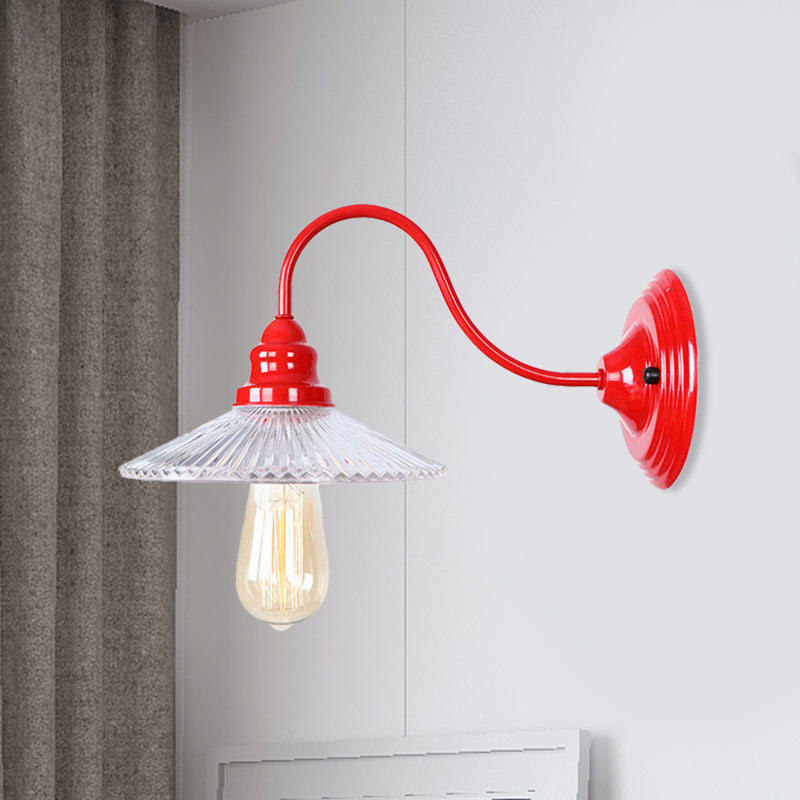 Lisslune | Cone Clear Ribbed Glass Wall Lamp Industrial Single Bulb Bedroom Wall Light in Red