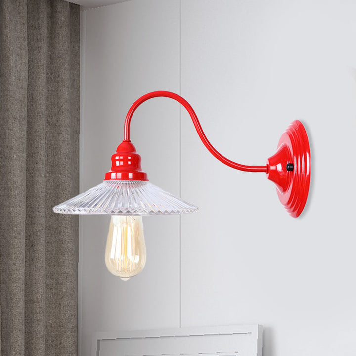 Lisslune | Cone Clear Ribbed Glass Wall Lamp Industrial Single Bulb Bedroom Wall Light in Red