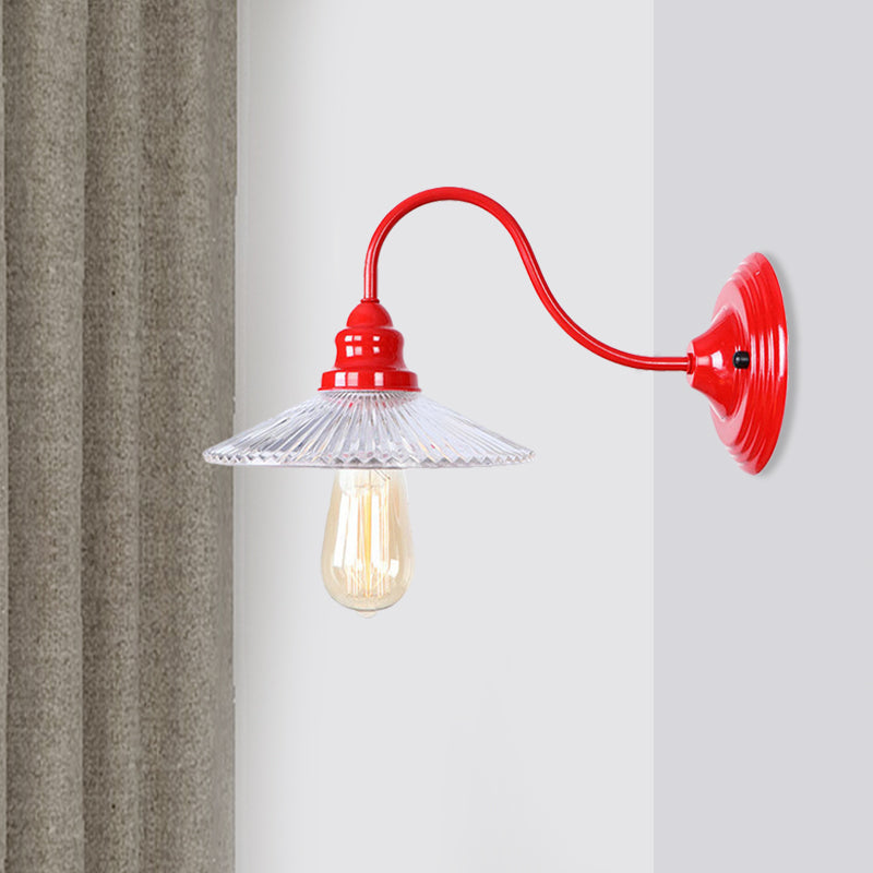 Lisslune | Cone Clear Ribbed Glass Wall Lamp Industrial Single Bulb Bedroom Wall Light in Red