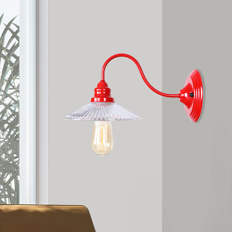 Lisslune | Cone Clear Ribbed Glass Wall Lamp Industrial Single Bulb Bedroom Wall Light in Red