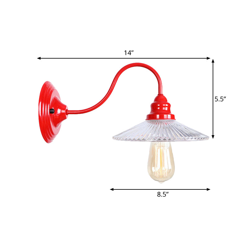 Lisslune | Cone Clear Ribbed Glass Wall Lamp Industrial Single Bulb Bedroom Wall Light in Red