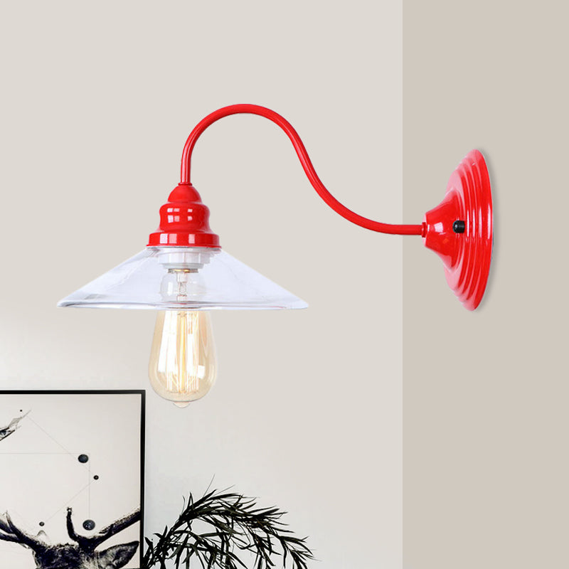 Lisslune | 1 Light Bulb Width Flare Wall Mounted Light Industrial Red Clear Glass Lighting with Curved Arm