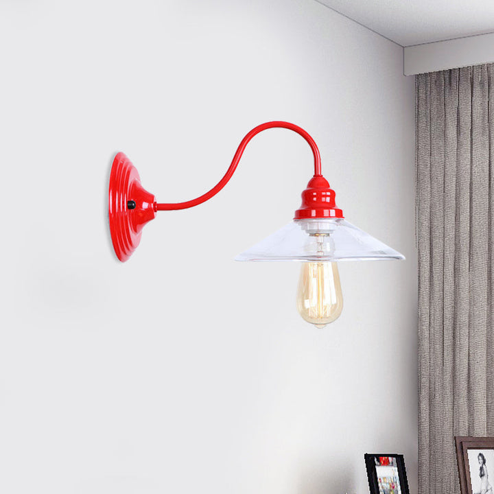 Lisslune | 1 Light Bulb Width Flare Wall Mounted Light Industrial Red Clear Glass Lighting with Curved Arm