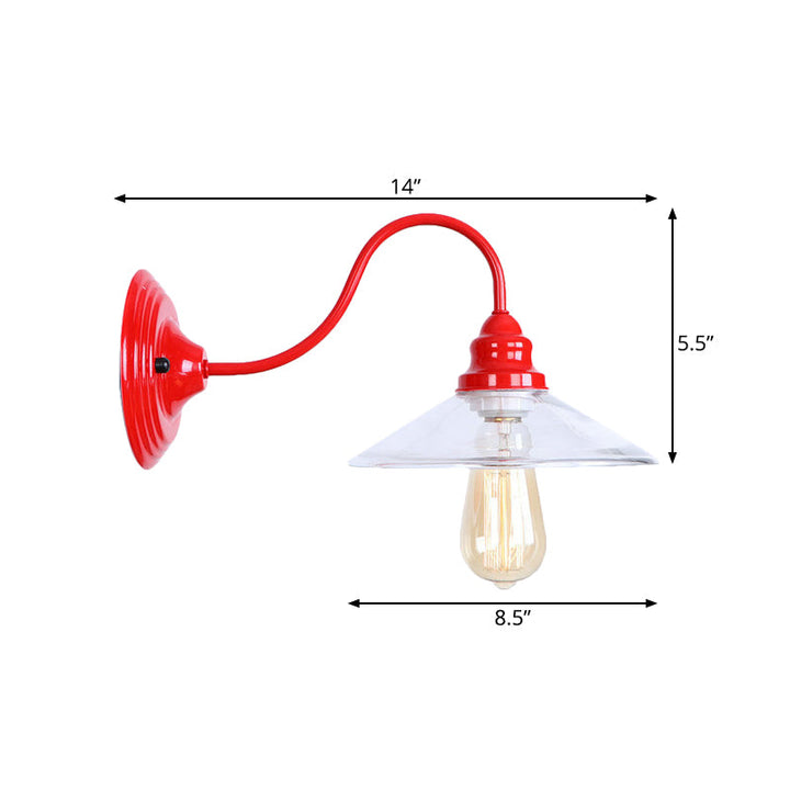 Lisslune | 1 Light Bulb Width Flare Wall Mounted Light Industrial Red Clear Glass Lighting with Curved Arm
