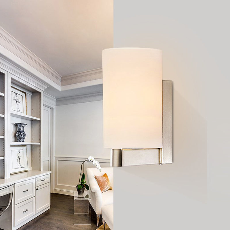 Lisslune | White glass cylinder wall lamp Modern 1 light chrome wall light for hallway
