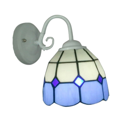 Lisslune | Tiffany Lattice White Dome Wall Lamp with Blue Border 1 Light Art Glass Wall Lamp for Restaurant