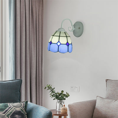Lisslune | Tiffany Lattice White Dome Wall Lamp with Blue Border 1 Light Art Glass Wall Lamp for Restaurant