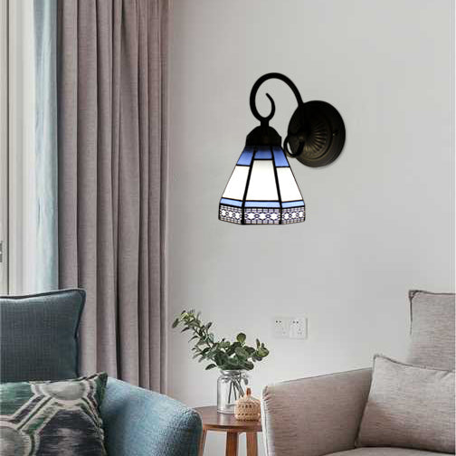 Lisslune | Pyramid Cafe Restaurant Wall Lamp Integrated Glass 1 Head Tiffany Traditional Wall Lamp in Blue