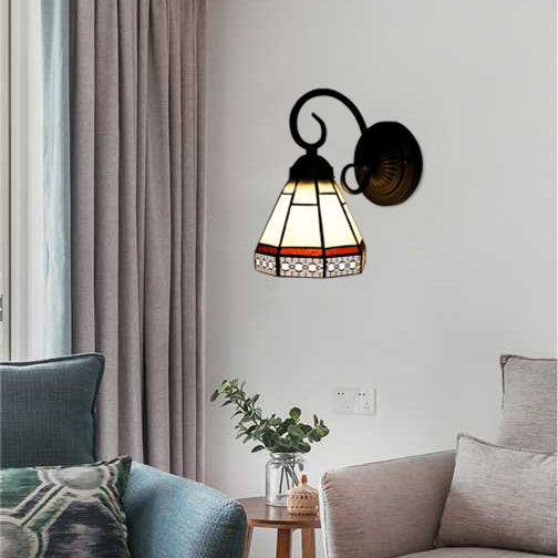 Lisslune | Glass Cone Wall Lamp with Curved Arm 1 Bulb Tiffany Classic Wall Lamp in Beige for Dining Room