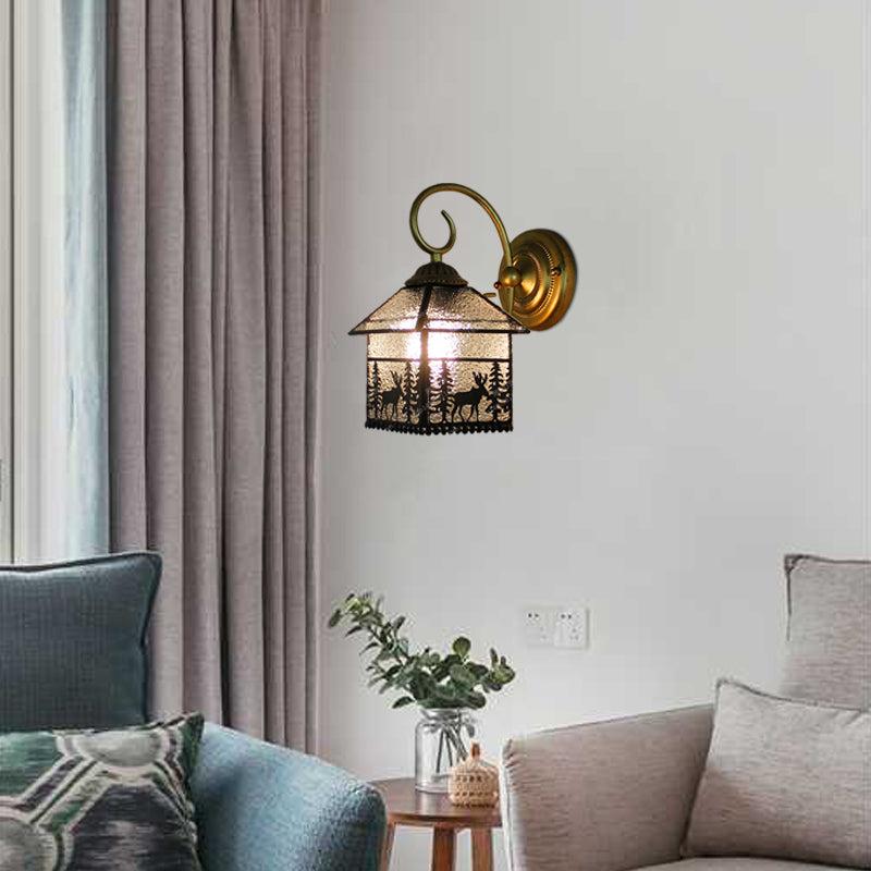 Lisslune | Rustic Style Lodge Wall Lamp with Deer 1 Socket Glass Clear Wall Lamp in Brass for Dining Room