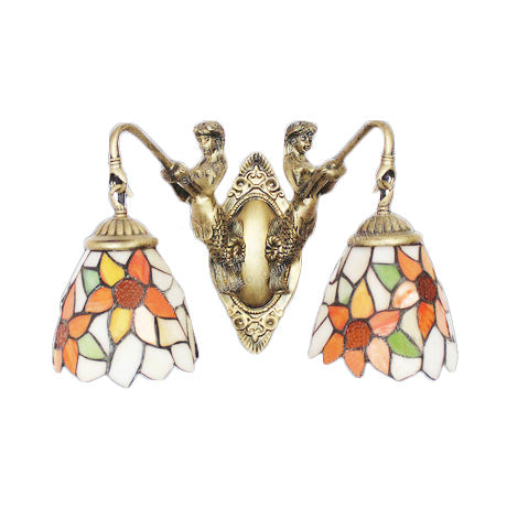 Lisslune | Branded Glass Flower Wall Lamp Fixture Victorian 2 Lights Orange Wall Lamp with Mermaid Backplate