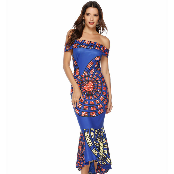 Women's Off-Shoulder Maxi Dress with Unique Pattern and Asymmetrical Hem Lisslune