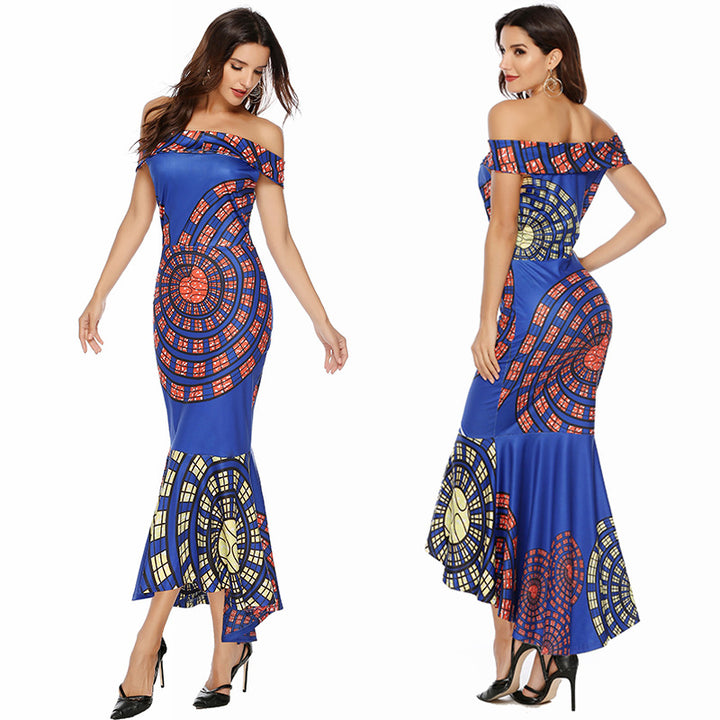Women's Off-Shoulder Maxi Dress with Unique Pattern and Asymmetrical Hem Lisslune