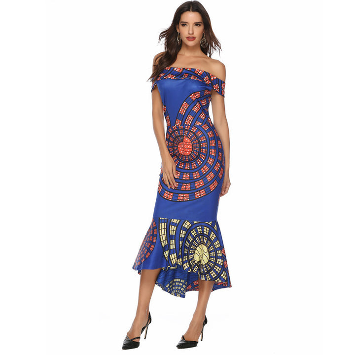 Women's Off-Shoulder Maxi Dress with Unique Pattern and Asymmetrical Hem Lisslune