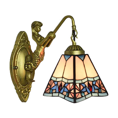 Lisslune | Beige Glass Trapeze Sconce Light Fixture Tiffany 1 Head Wall Mounted Light for Living Room