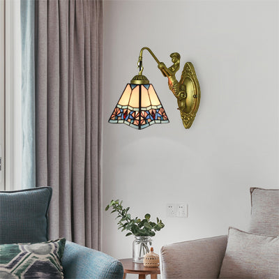 Lisslune | Beige Glass Trapeze Sconce Light Fixture Tiffany 1 Head Wall Mounted Light for Living Room