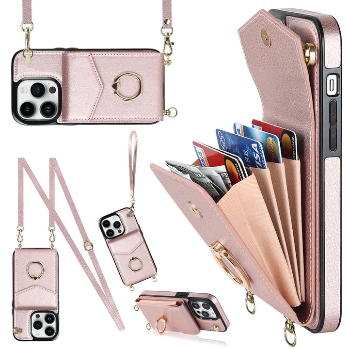 Lisslune | Leather Wallet Case with Ring & Lanyard for iPhone