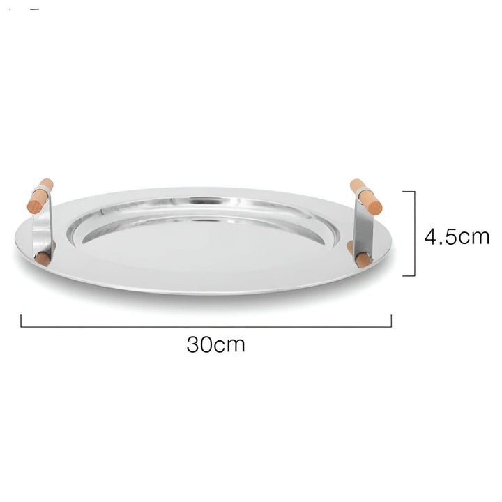 Lisslune | Elegant Stainless Steel Round Tray with Wooden Handles