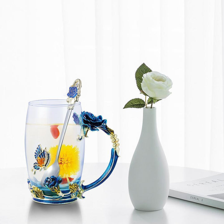 Lisslune | Enamel Rose Glass Tea Cup Set (With Spoon)