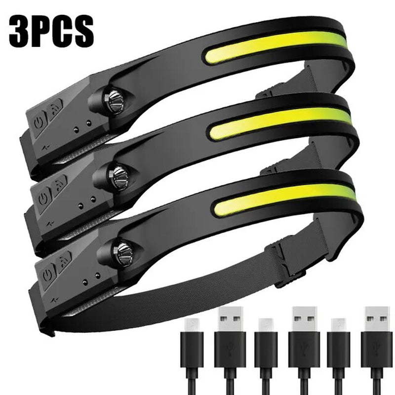 Lisslune | 1~2pcs Work Light Sensor COB LED Headlamp Camping Spotlight Outdoor Flashlight USB Rechargeable Headlamp Flashlight 5 Modes