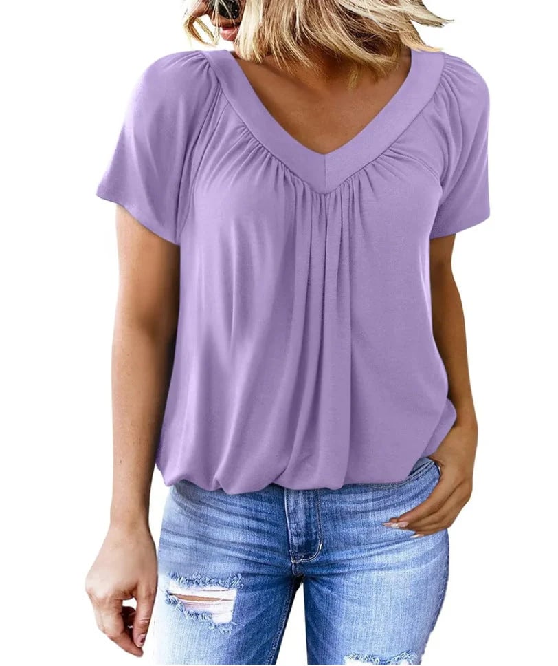 Lisslune | Women's Casual Pleated V-Neck Short-Sleeve Top