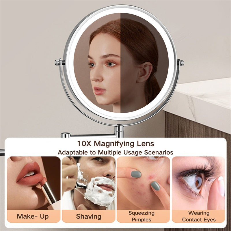 Lisslune | Rechargeable Wall Mounted Shaving Mirror | 360° Rotation. 1X/10X Magnification & Adjustable LED Lighting for Bathroom Use