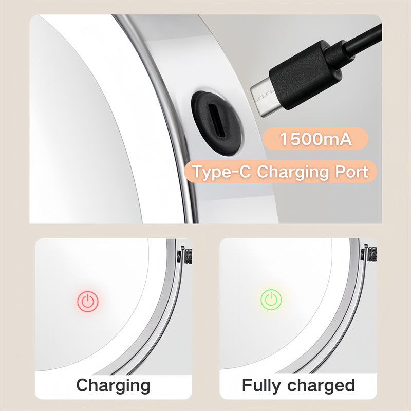 Lisslune | Rechargeable Wall Mounted Shaving Mirror | 360° Rotation. 1X/10X Magnification & Adjustable LED Lighting for Bathroom Use