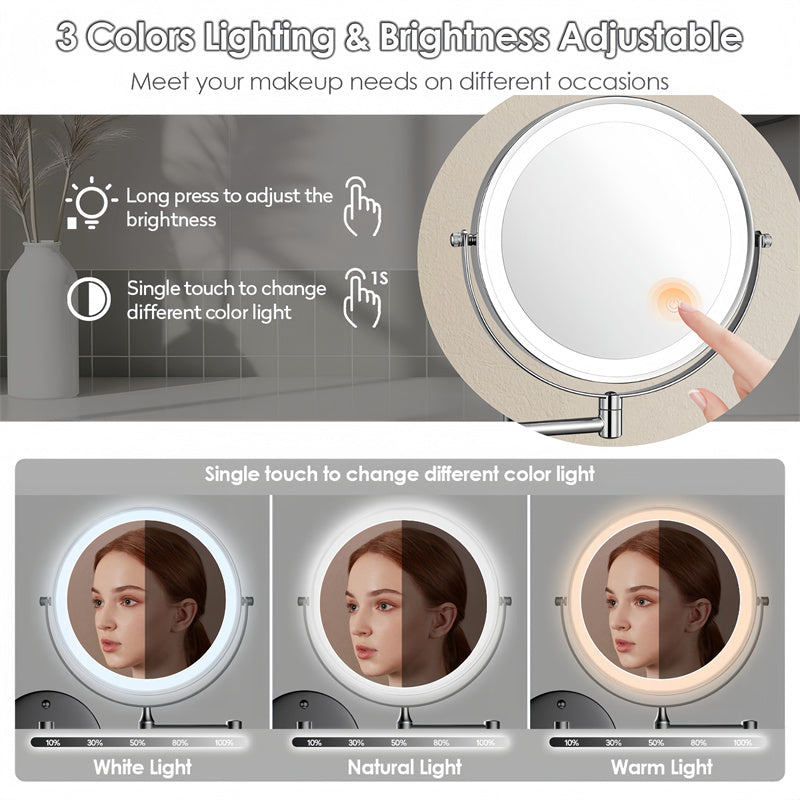 Lisslune | Rechargeable Wall Mounted Shaving Mirror | 360° Rotation. 1X/10X Magnification & Adjustable LED Lighting for Bathroom Use