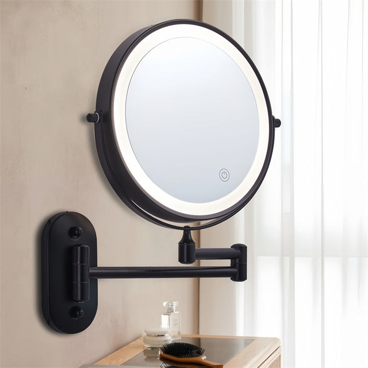 Lisslune | Rechargeable Wall Mounted Shaving Mirror | 360° Rotation. 1X/10X Magnification & Adjustable LED Lighting for Bathroom Use