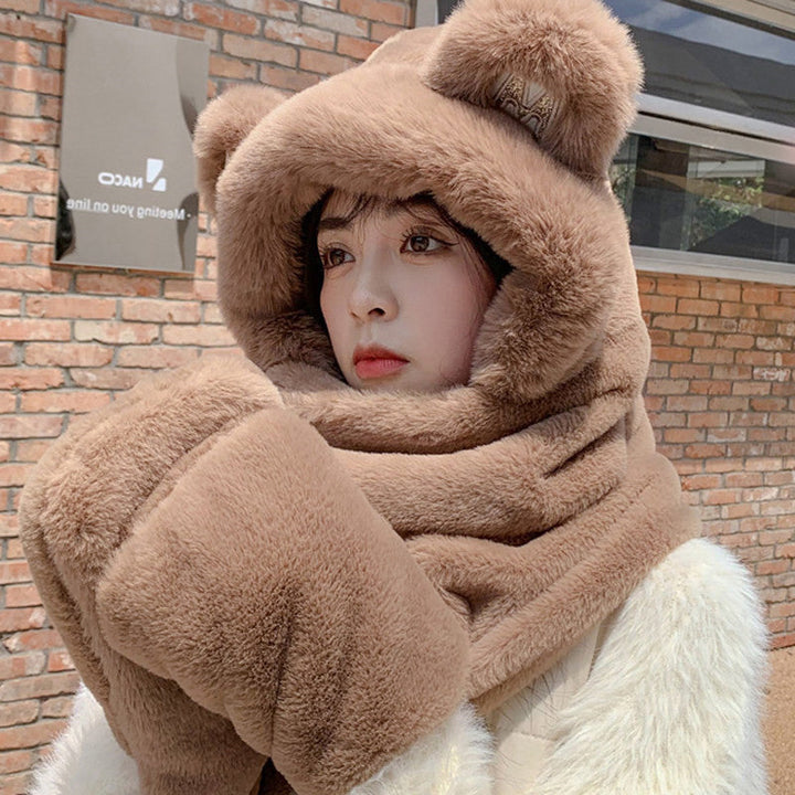 Lisslune | 3-in-1 Cure Plush Bear Ear Winter Hat with Scarf & Gloves